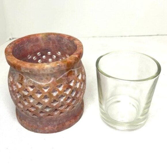 Vtg Soapstone Votive Tea Light Holder w/ Glass Insert Pierced Carved Pink Purple - Picture 4 of 6